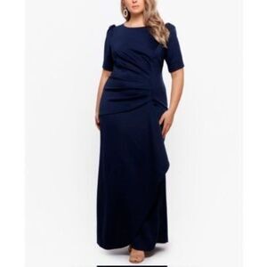 XSCAPE Womens Navy Zippered Gathered Scuba Draped Pouf Sleeve Jewel Neck Full-Le